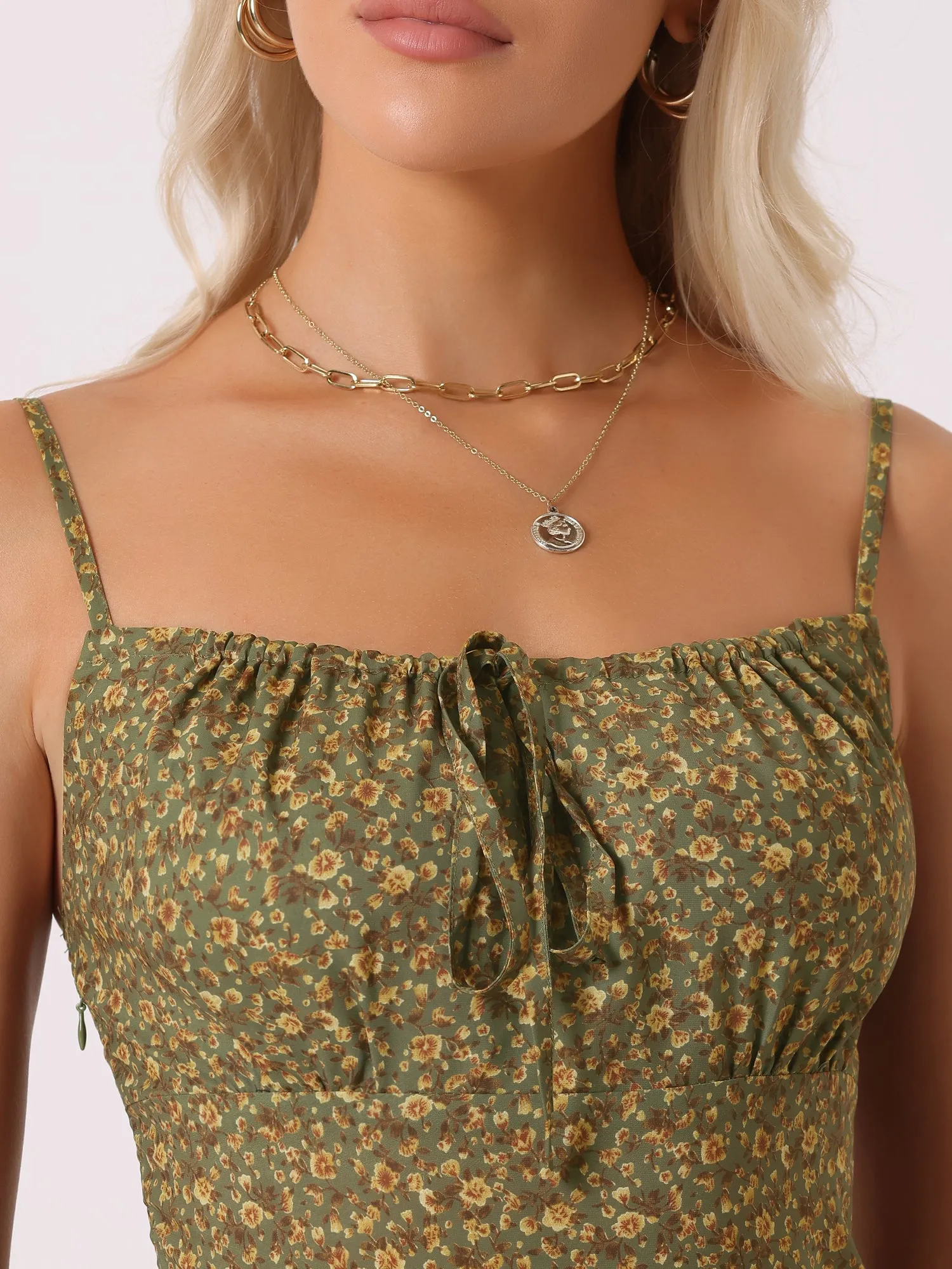 Floral Spaghetti Strap Casual Low Cut Midi Slit Dress