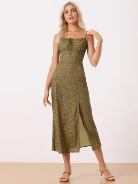 Floral Spaghetti Strap Casual Low Cut Midi Slit Dress