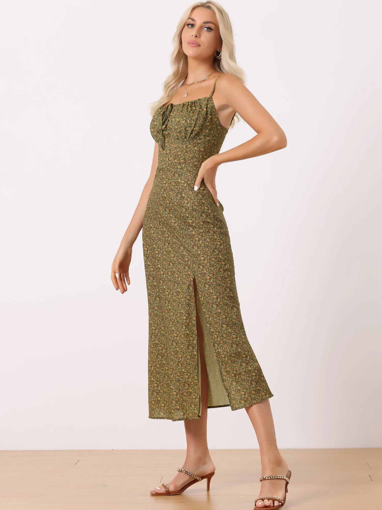 Floral Spaghetti Strap Casual Low Cut Midi Slit Dress