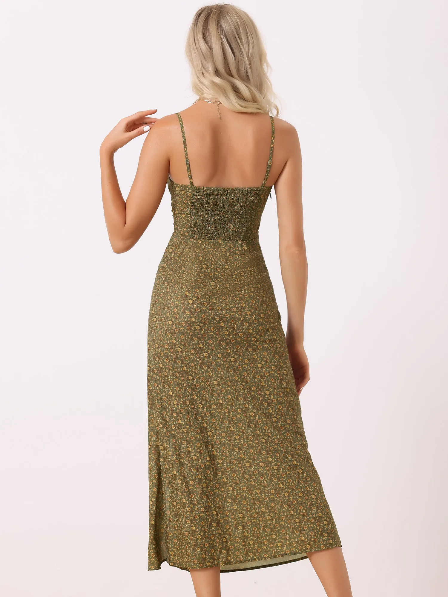 Floral Spaghetti Strap Casual Low Cut Midi Slit Dress