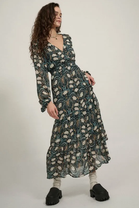 Forest Enigma Floral Long Sleeve Maxi Dress - Black/Green