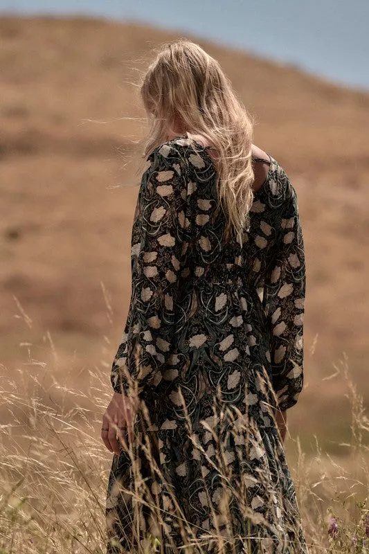 Forest Enigma Floral Long Sleeve Maxi Dress - Black/Green