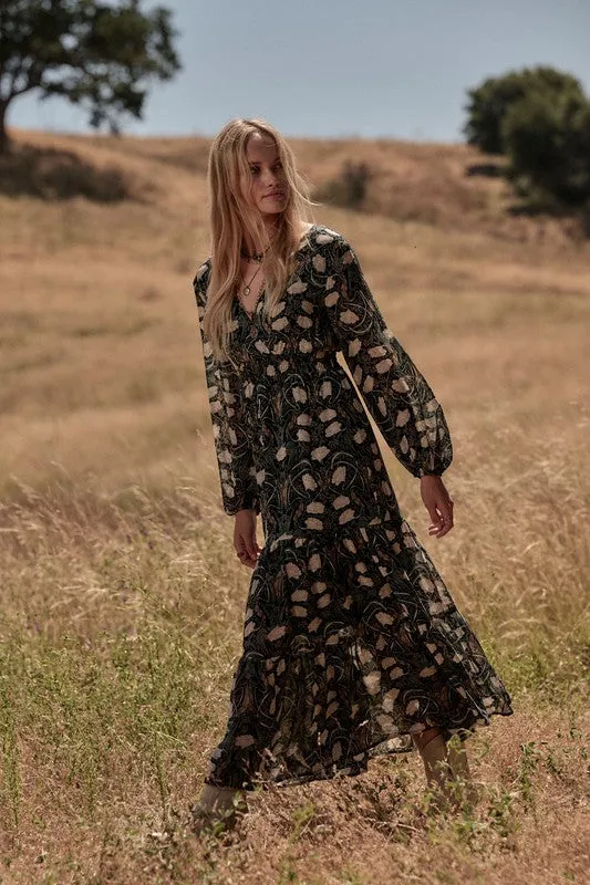 Forest Enigma Floral Long Sleeve Maxi Dress - Black/Green