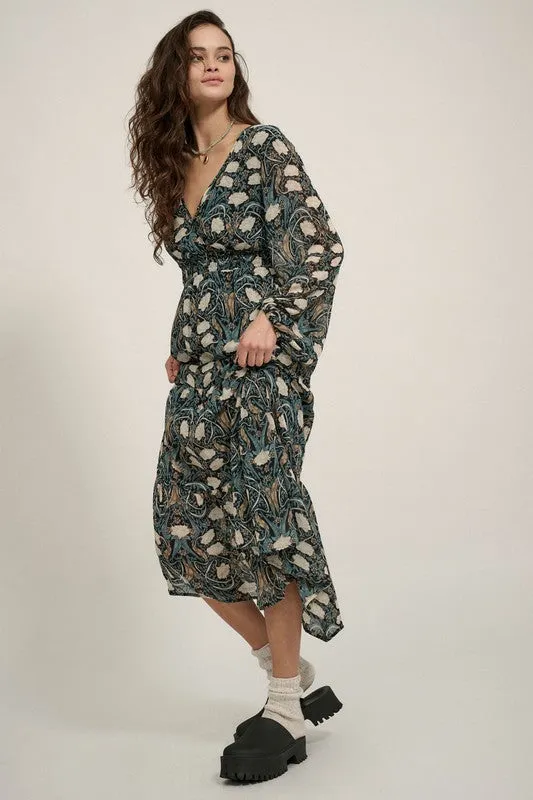 Forest Enigma Floral Long Sleeve Maxi Dress - Black/Green