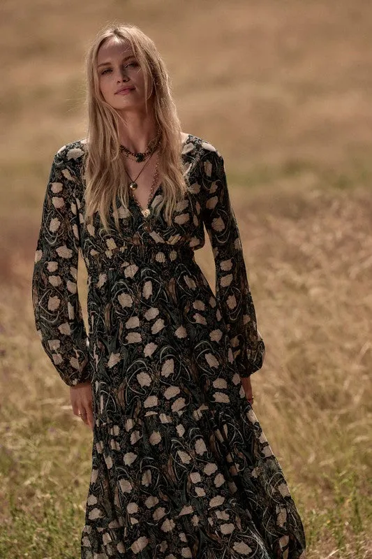 Forest Enigma Floral Long Sleeve Maxi Dress - Black/Green