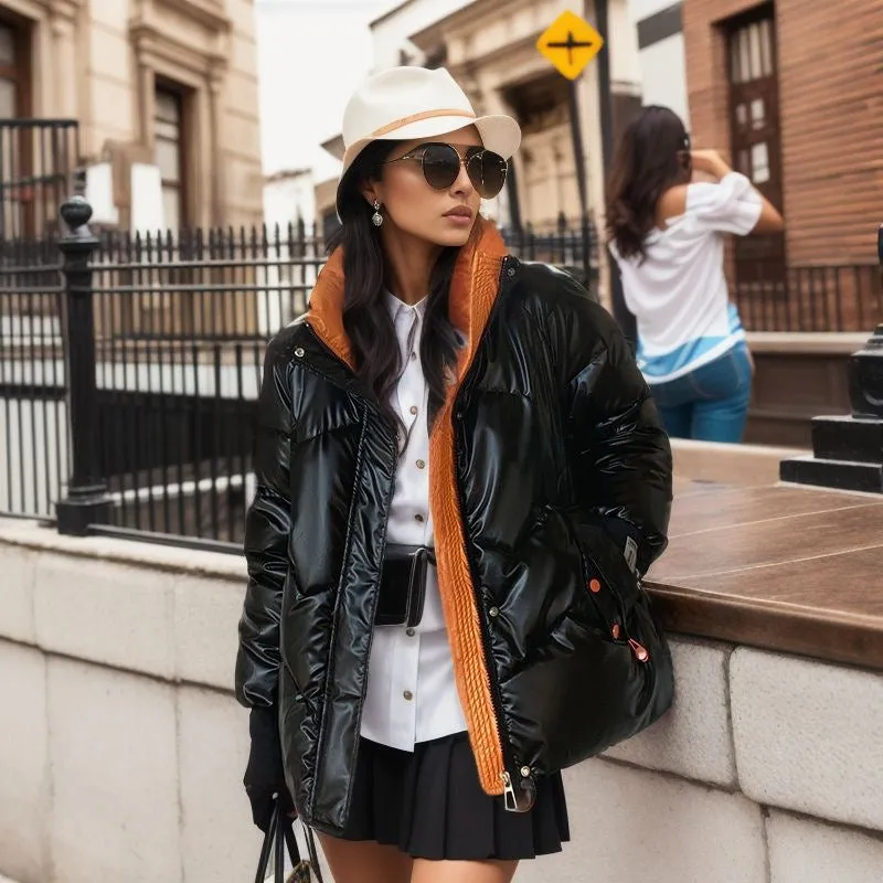 Glossy color matching short cotton-padded clothes for women's  winter new European and American style casual loose fashion stand-up collar bf bread clothes