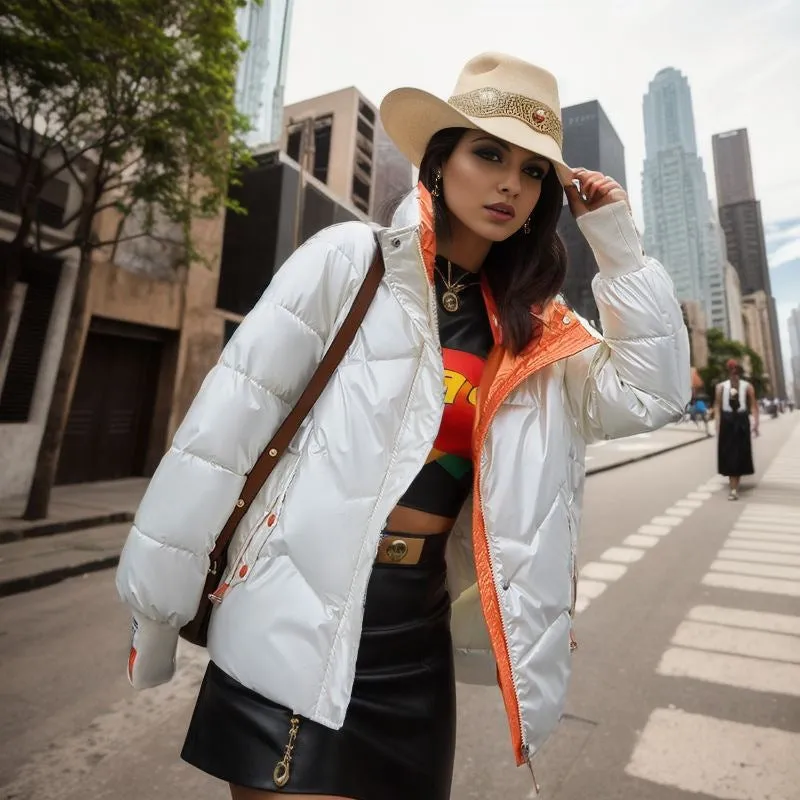 Glossy color matching short cotton-padded clothes for women's  winter new European and American style casual loose fashion stand-up collar bf bread clothes