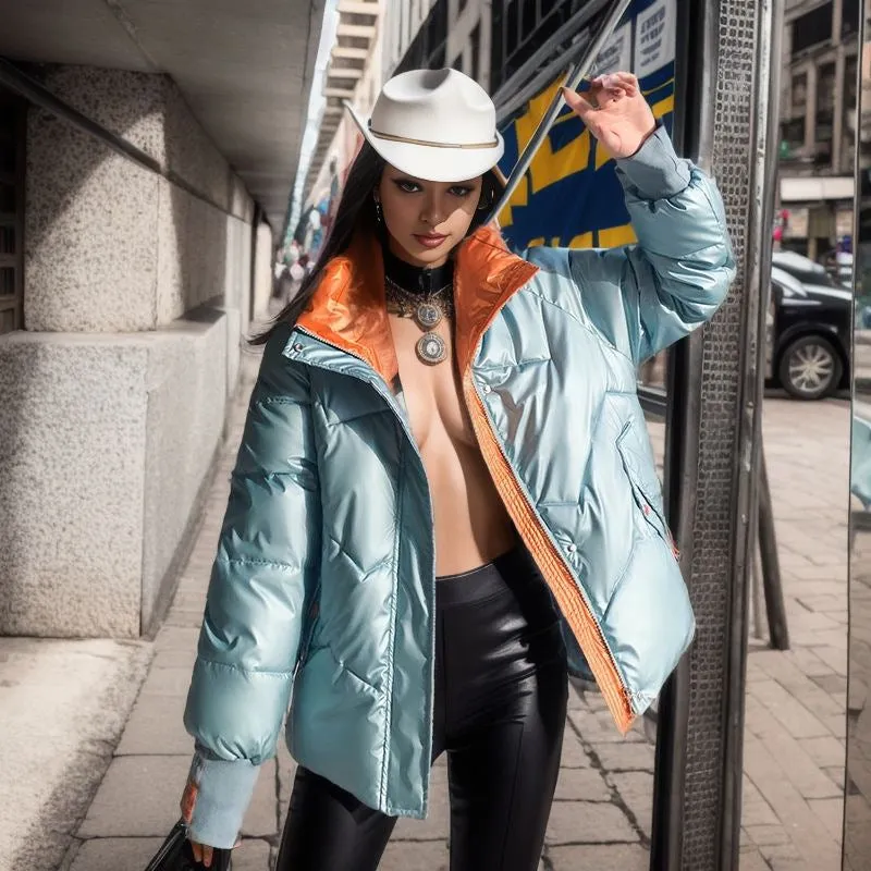 Glossy color matching short cotton-padded clothes for women's  winter new European and American style casual loose fashion stand-up collar bf bread clothes