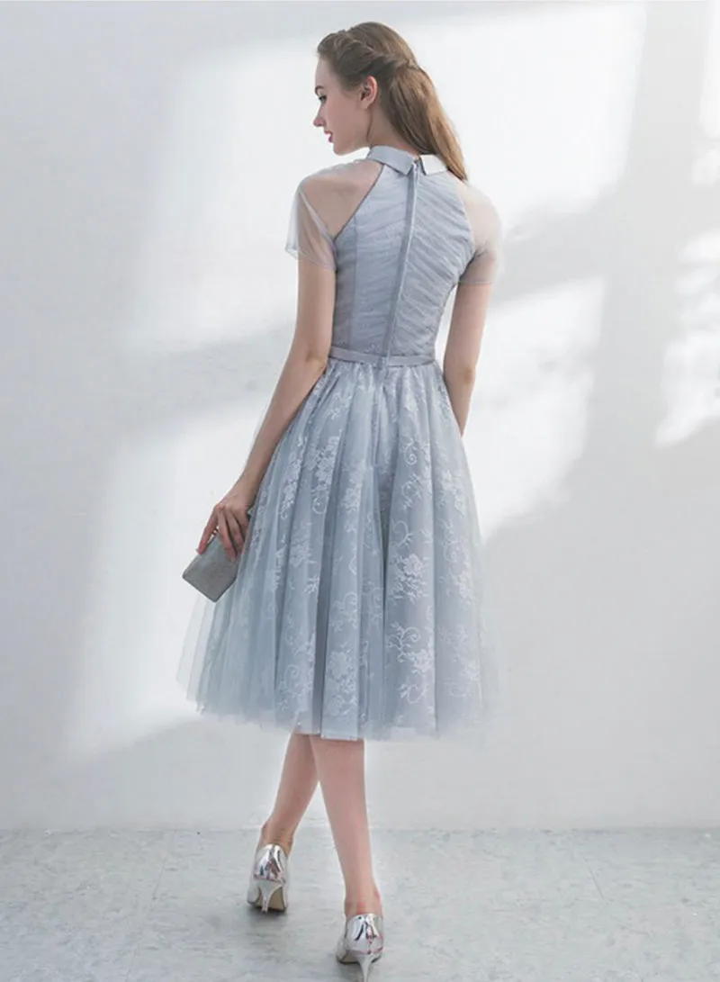 Gray Tulle Lace Short Prom Dress, Cute A-Line Homecoming Dress