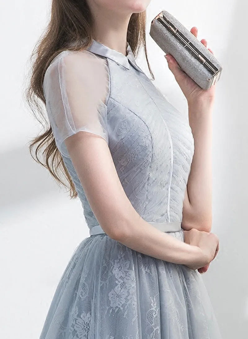 Gray Tulle Lace Short Prom Dress, Cute A-Line Homecoming Dress