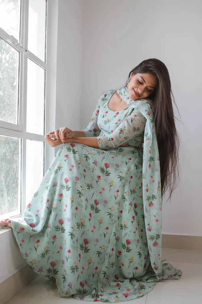 Green Printed Georgette Skirt with Dupatta