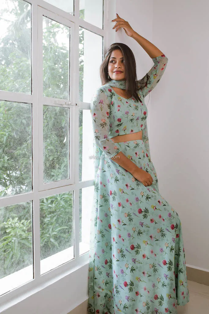 Green Printed Georgette Skirt with Dupatta