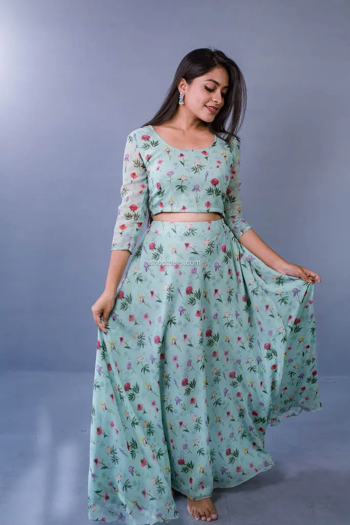 Green Printed Georgette Skirt with Dupatta