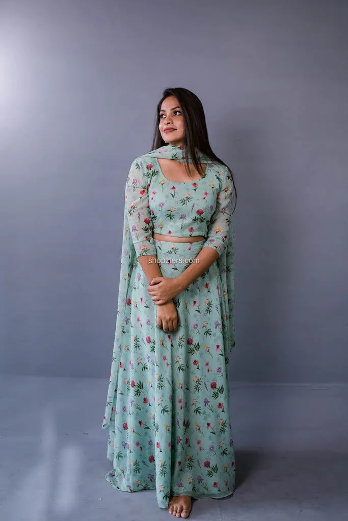 Green Printed Georgette Skirt with Dupatta