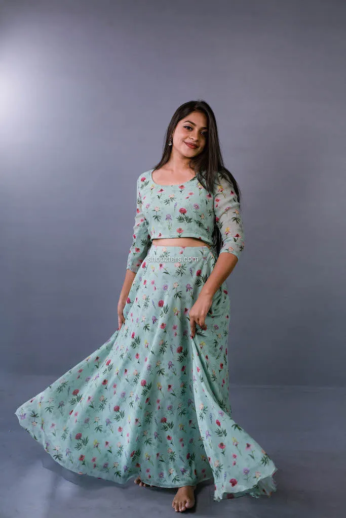 Green Printed Georgette Skirt with Dupatta