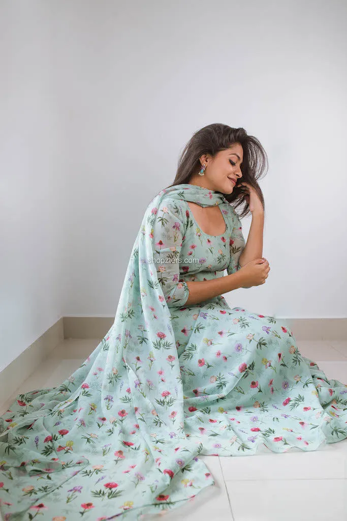 Green Printed Georgette Skirt with Dupatta