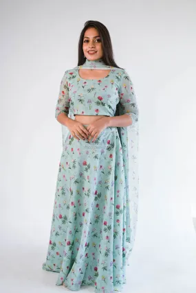 Green Printed Georgette Skirt with Dupatta
