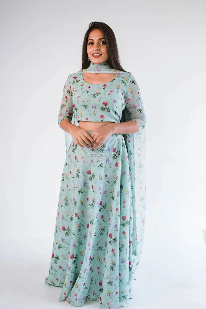 Green Printed Georgette Skirt with Dupatta