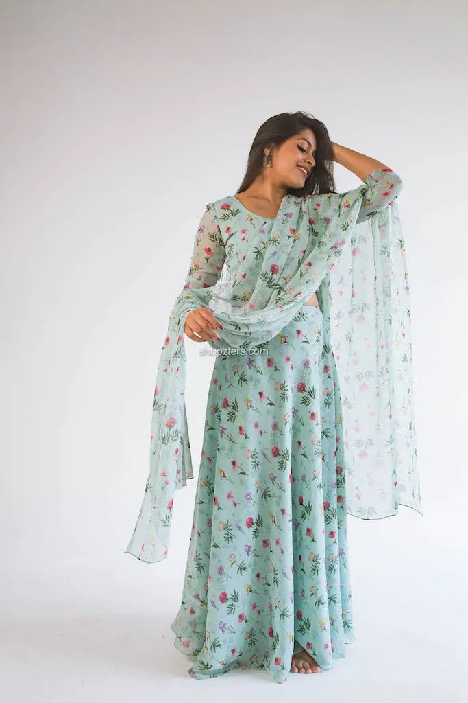 Green Printed Georgette Skirt with Dupatta