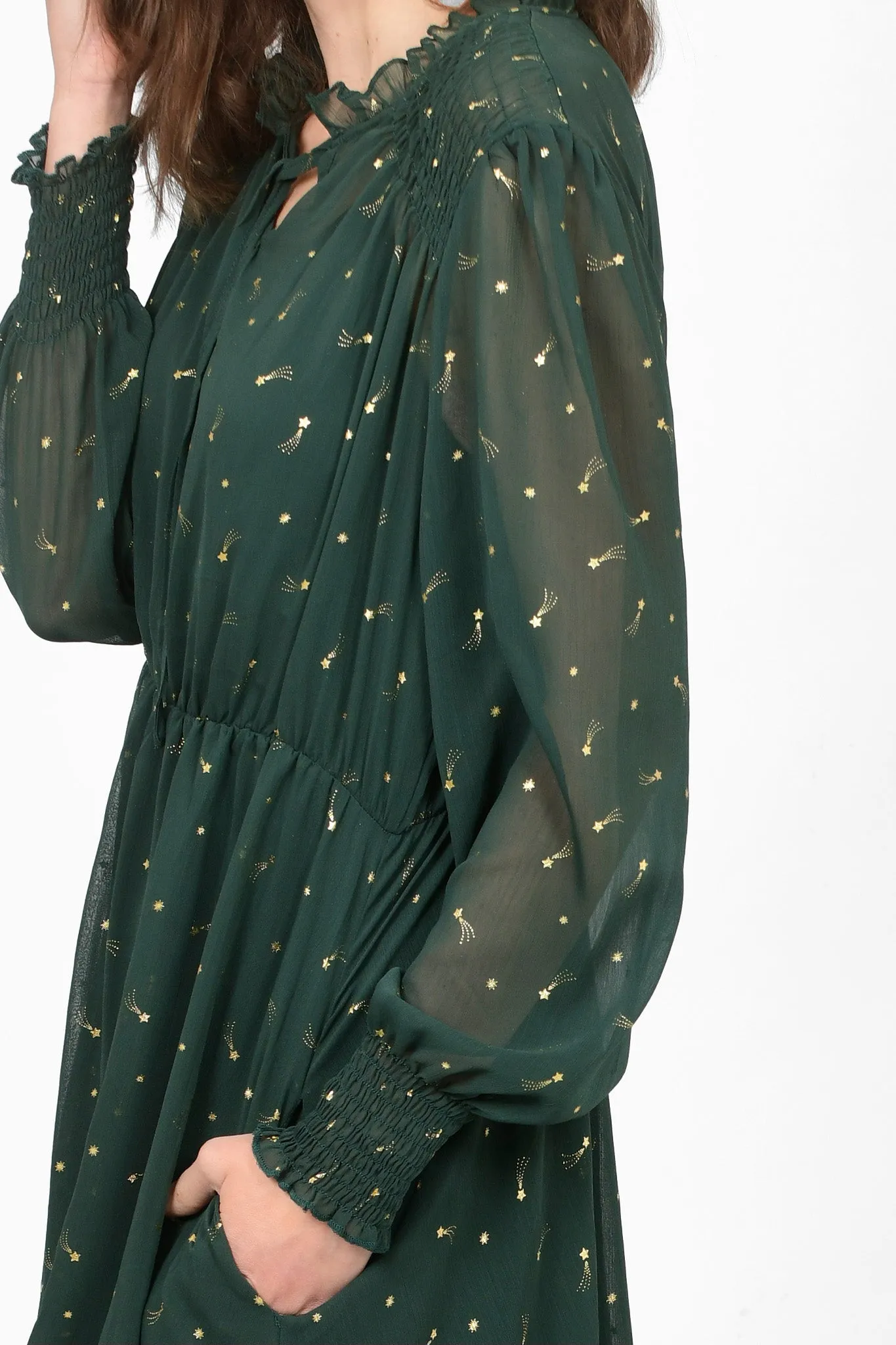 Green Shooting Star Print Shirred Shoulder Midi Dress