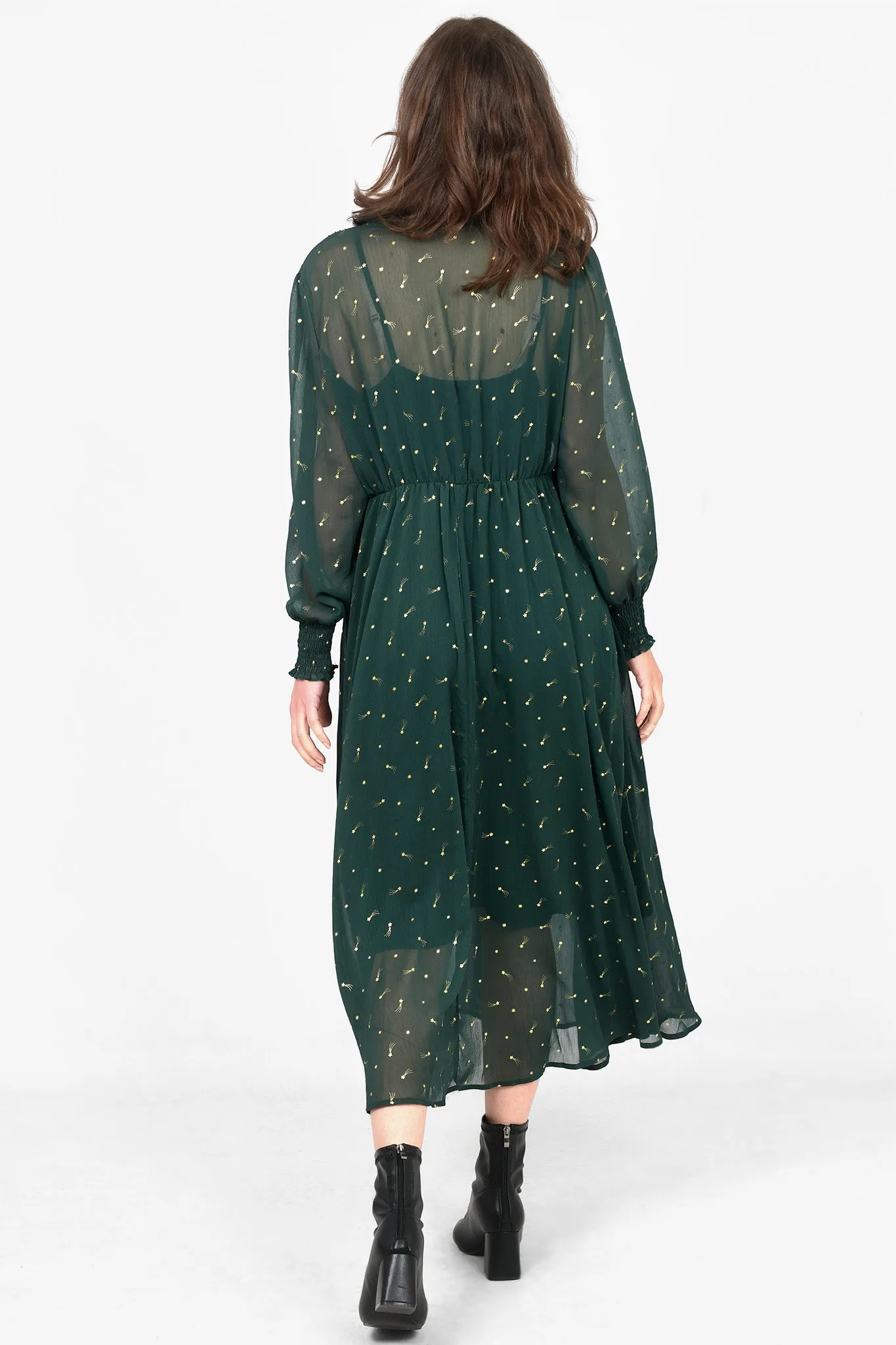 Green Shooting Star Print Shirred Shoulder Midi Dress