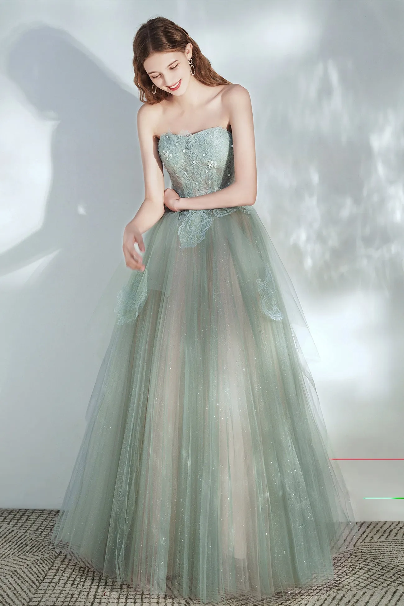Green Tulle Lace Long A-Line Prom Dress, Cute Strapless Evening Party Dress