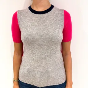 Grey Hot Pink Cashmere Crew Neck Jumper Small