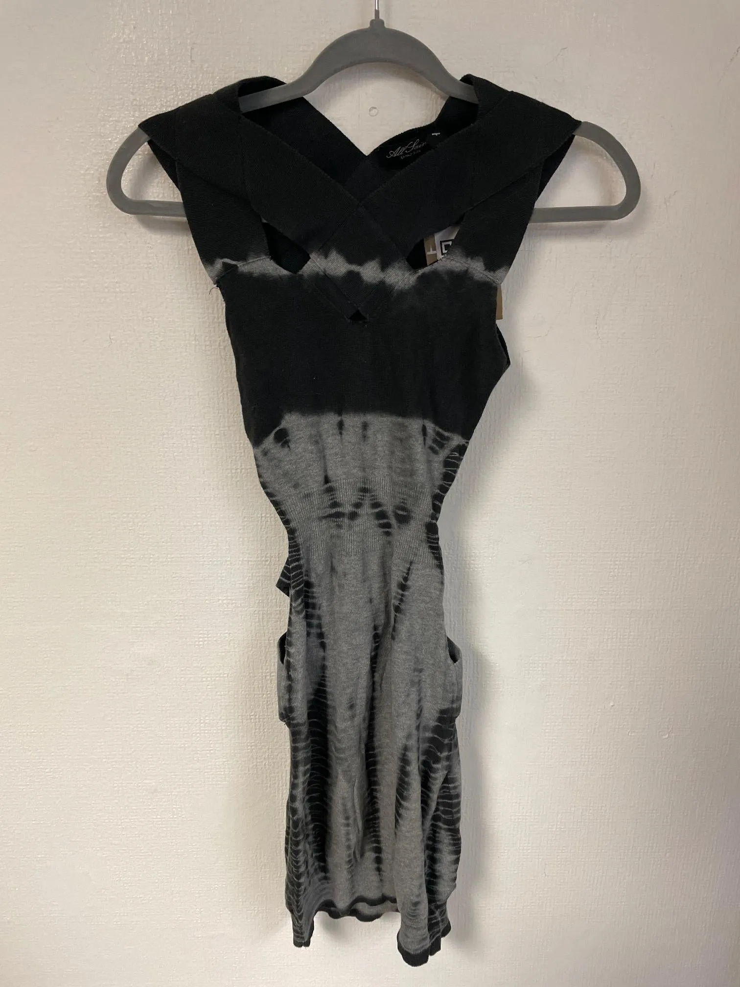 Grey tie dye cutout bodycon dress, AllSaints, Size 8