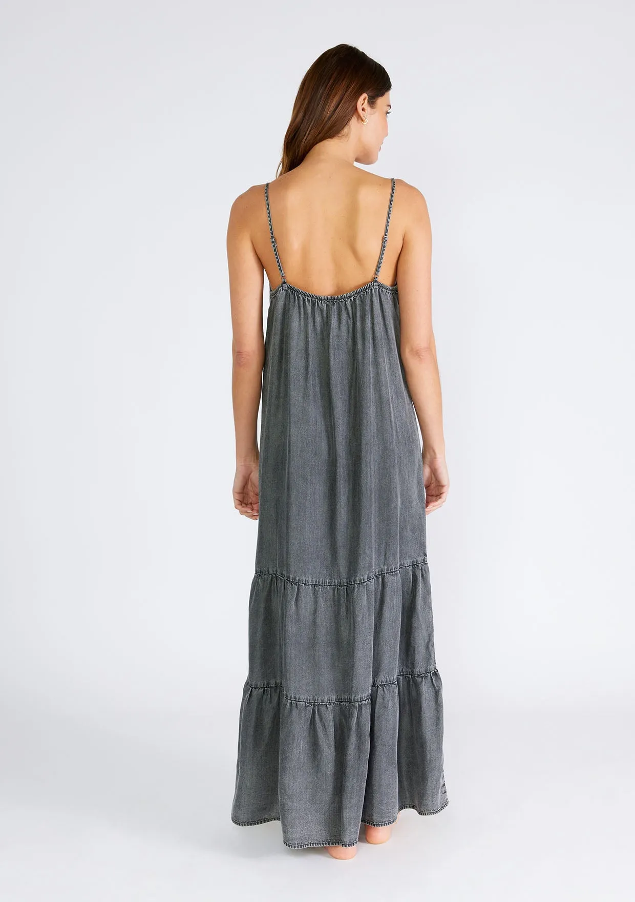 Grey Vintage Wash Sleeveless Tiered Maxi Dress