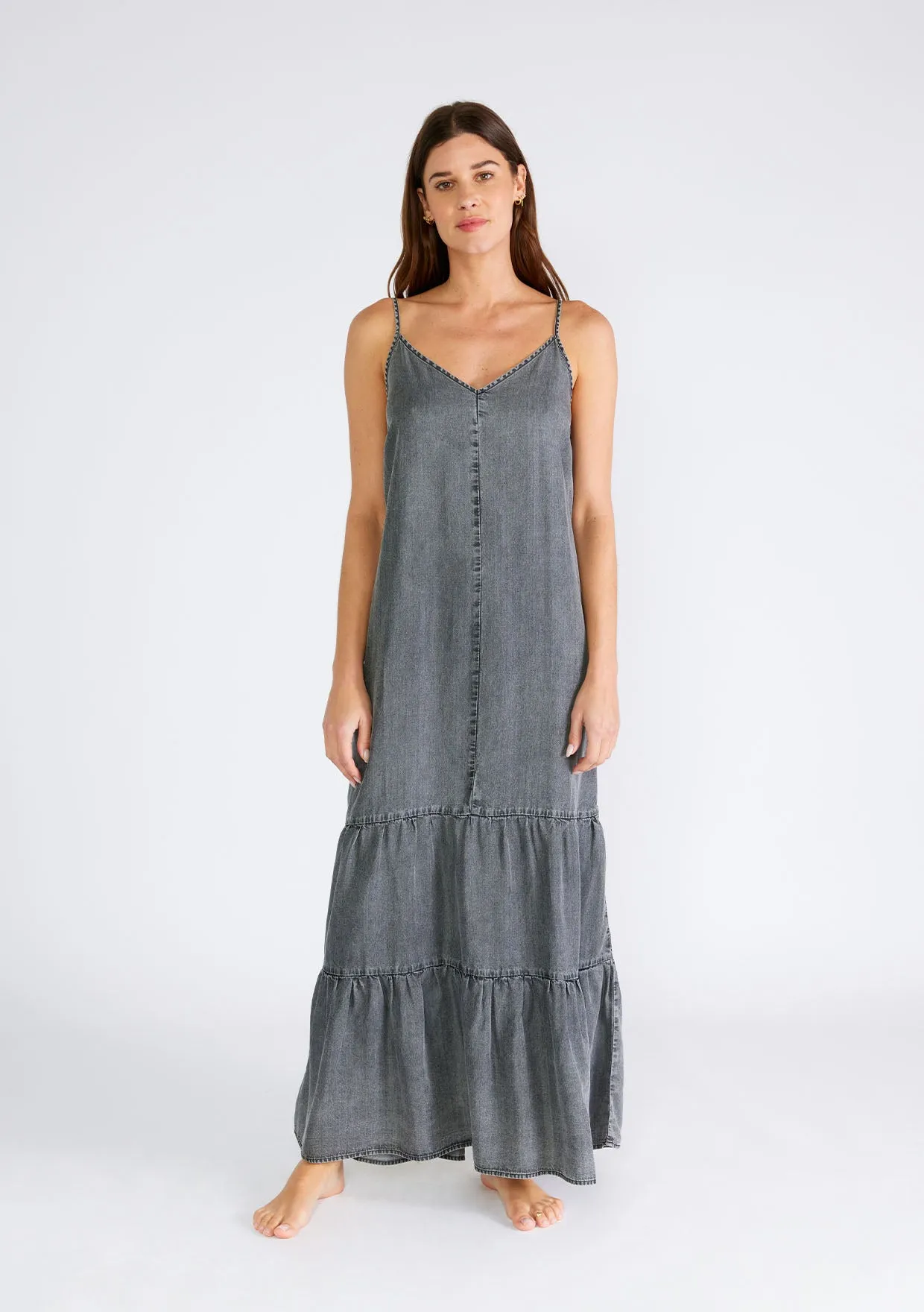 Grey Vintage Wash Sleeveless Tiered Maxi Dress