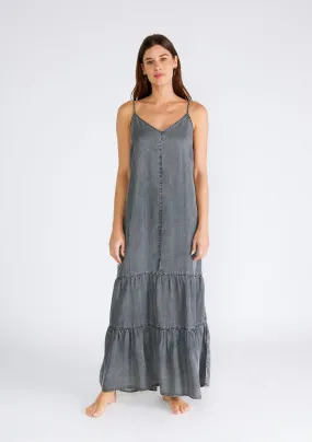 Grey Vintage Wash Sleeveless Tiered Maxi Dress