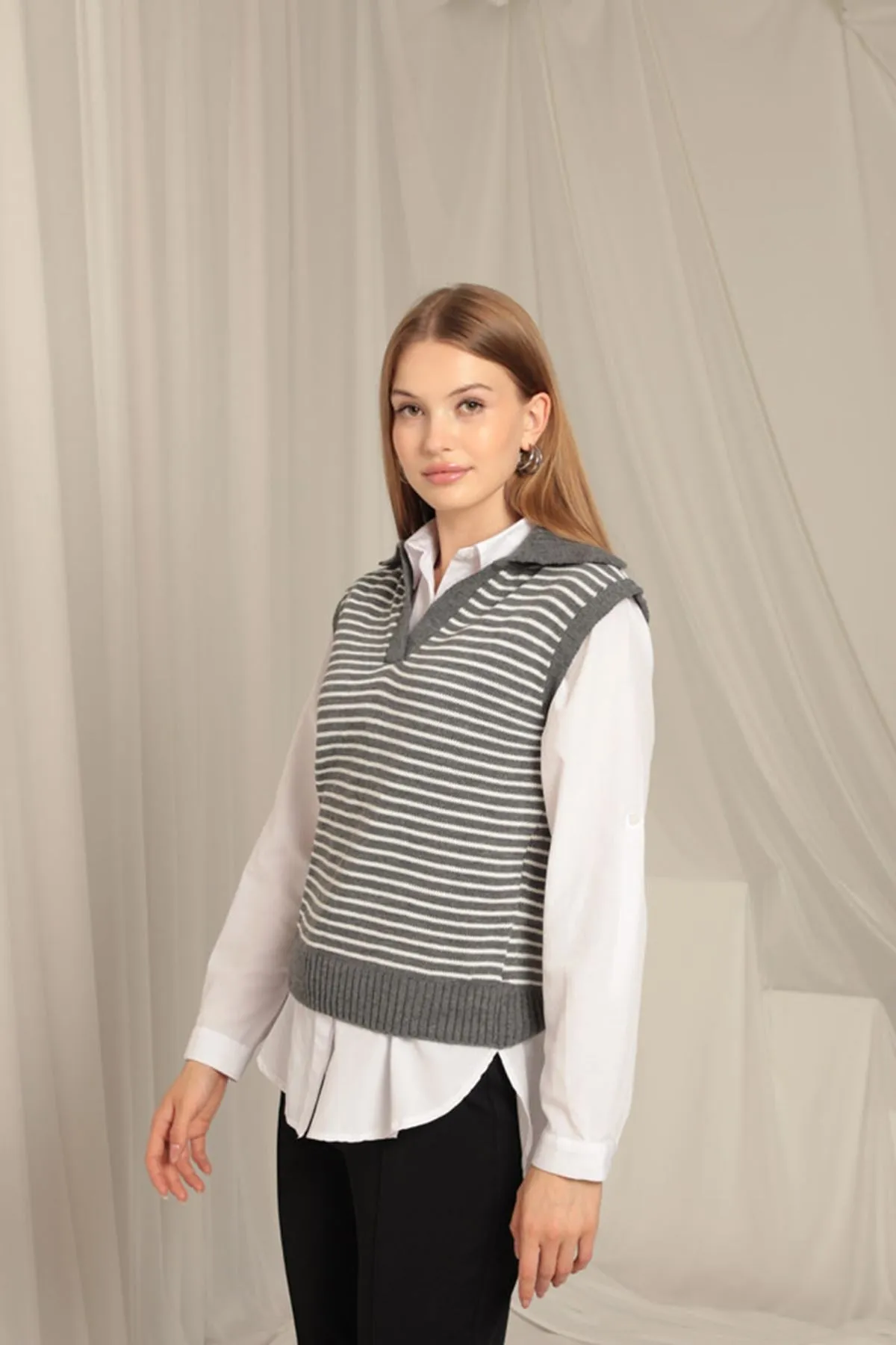 KKT Knitwear Fabric Striped Women's Crop Anthracite Sweater - Formigine