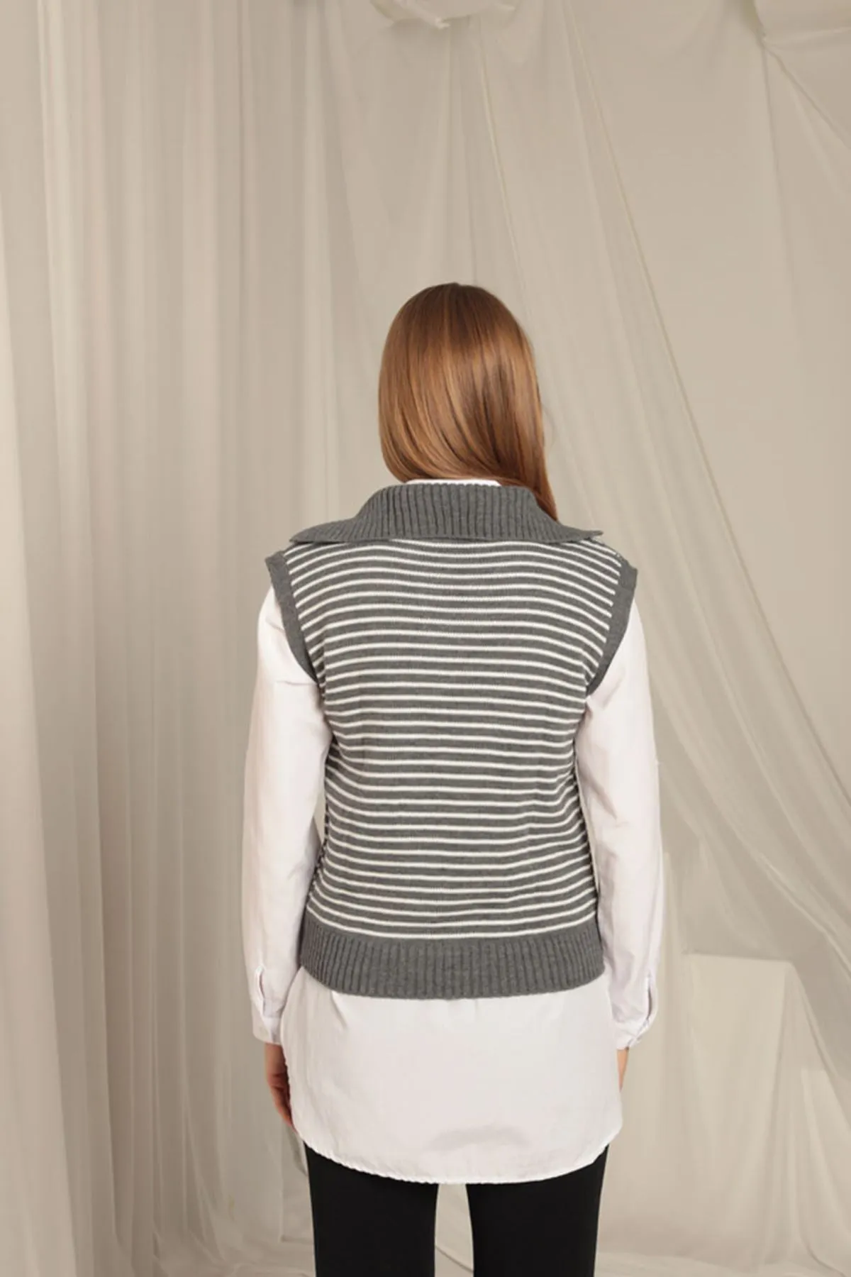 KKT Knitwear Fabric Striped Women's Crop Anthracite Sweater - Formigine