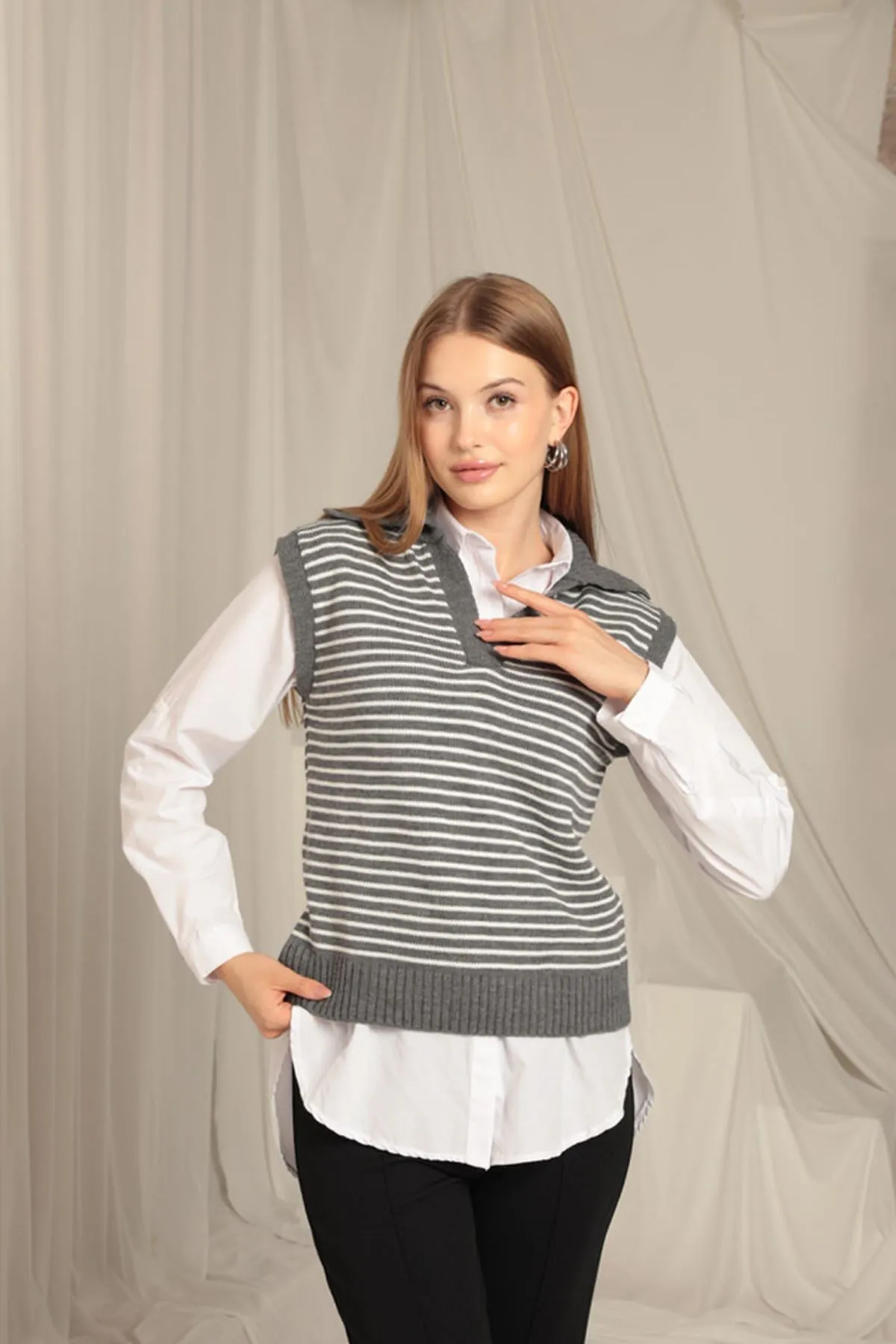 KKT Knitwear Fabric Striped Women's Crop Anthracite Sweater - Formigine
