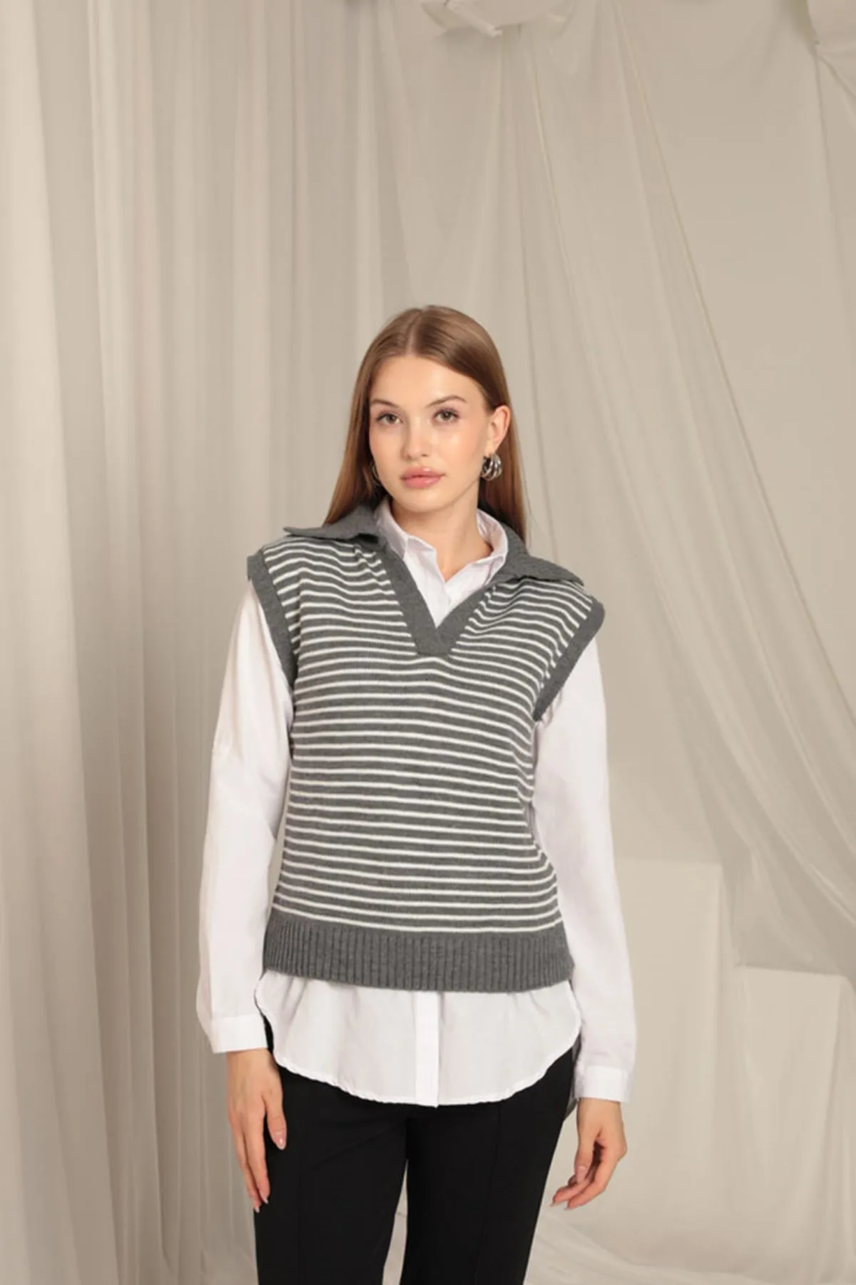 KKT Knitwear Fabric Striped Women's Crop Anthracite Sweater - Formigine