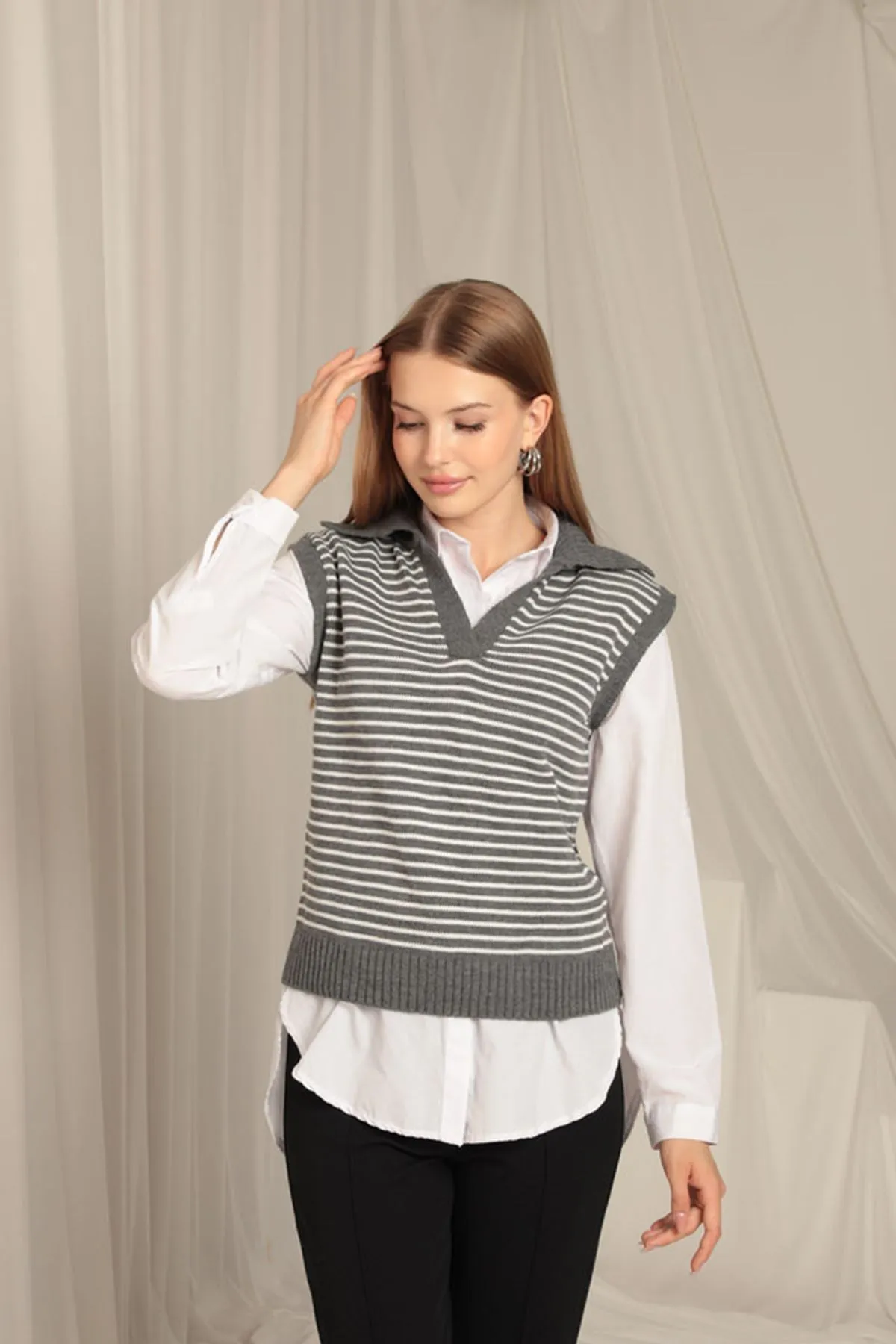 KKT Knitwear Fabric Striped Women's Crop Anthracite Sweater - Formigine