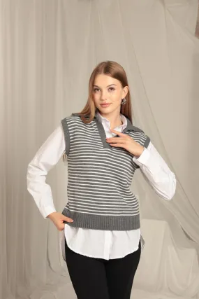 KKT Knitwear Fabric Striped Women's Crop Anthracite Sweater - Formigine