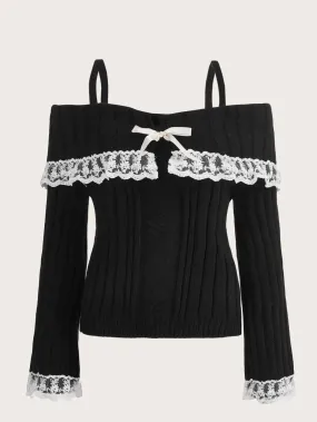 LANFUBEISI  Gothic Women Casual T Shirts Cold Shoulder Lace-Up Front Ribbed T-Shirt Solid Color Long Sleeve Female Fashion Tops Tee