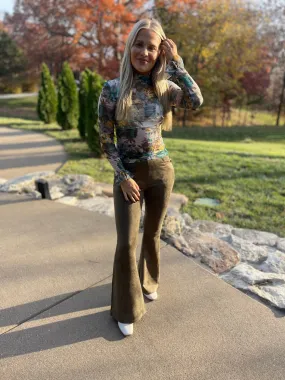 Light Olive Suede Flared Pants