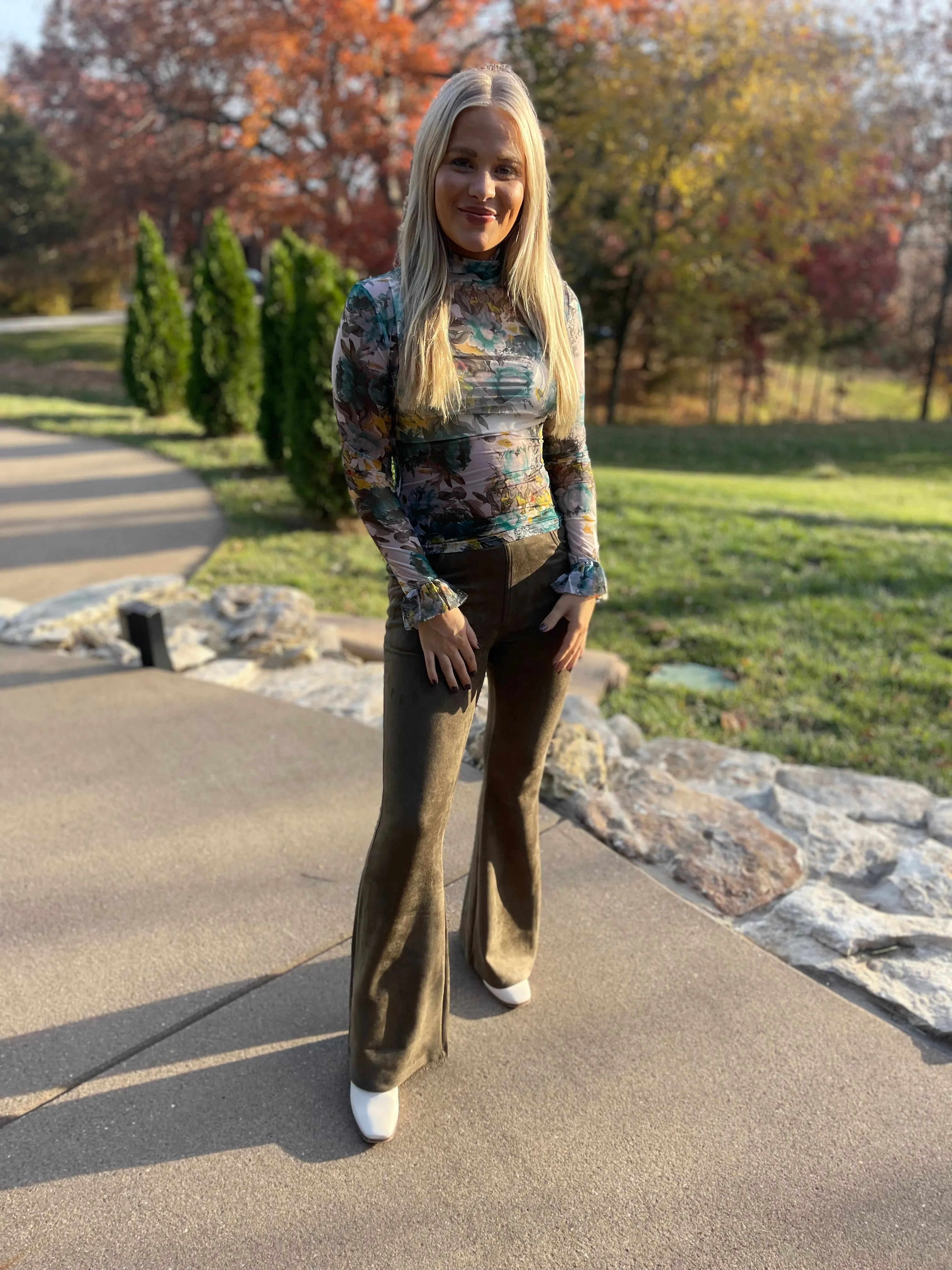 Light Olive Suede Flared Pants