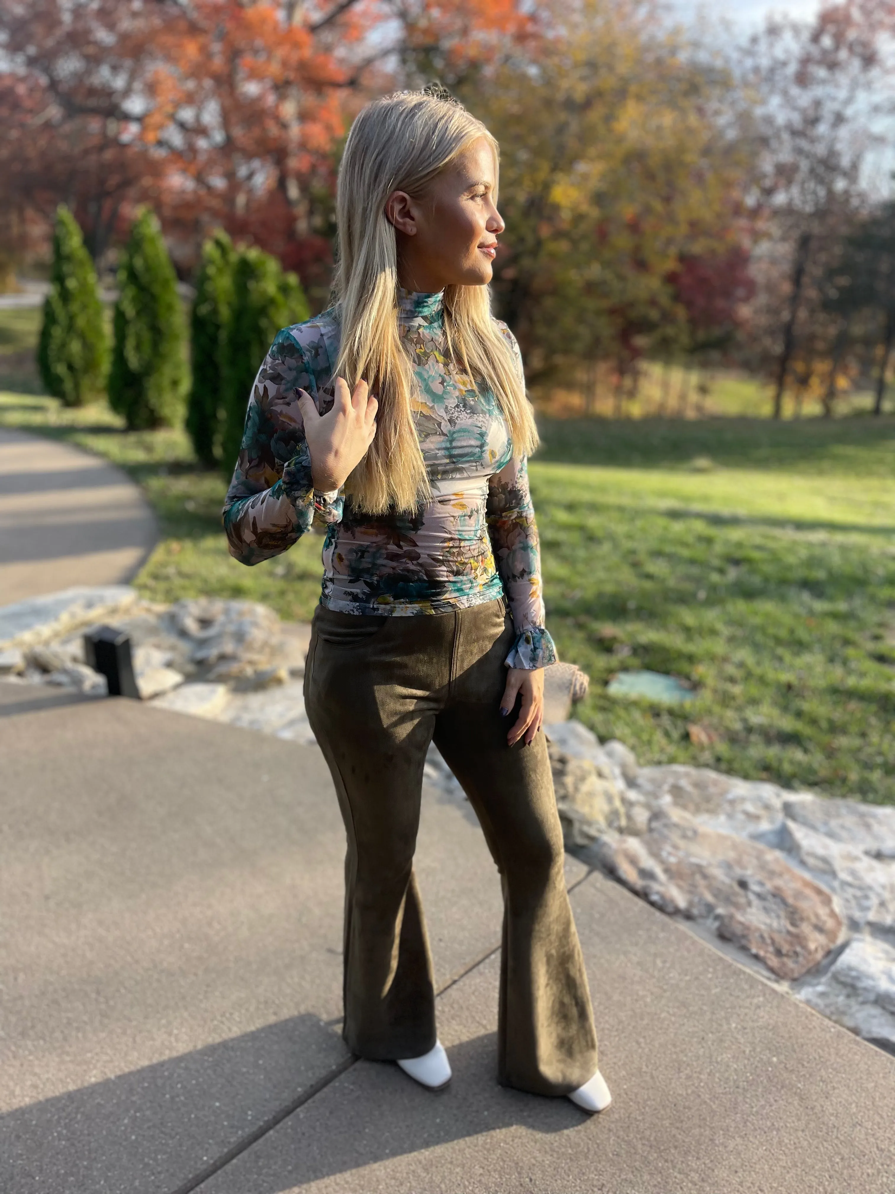 Light Olive Suede Flared Pants