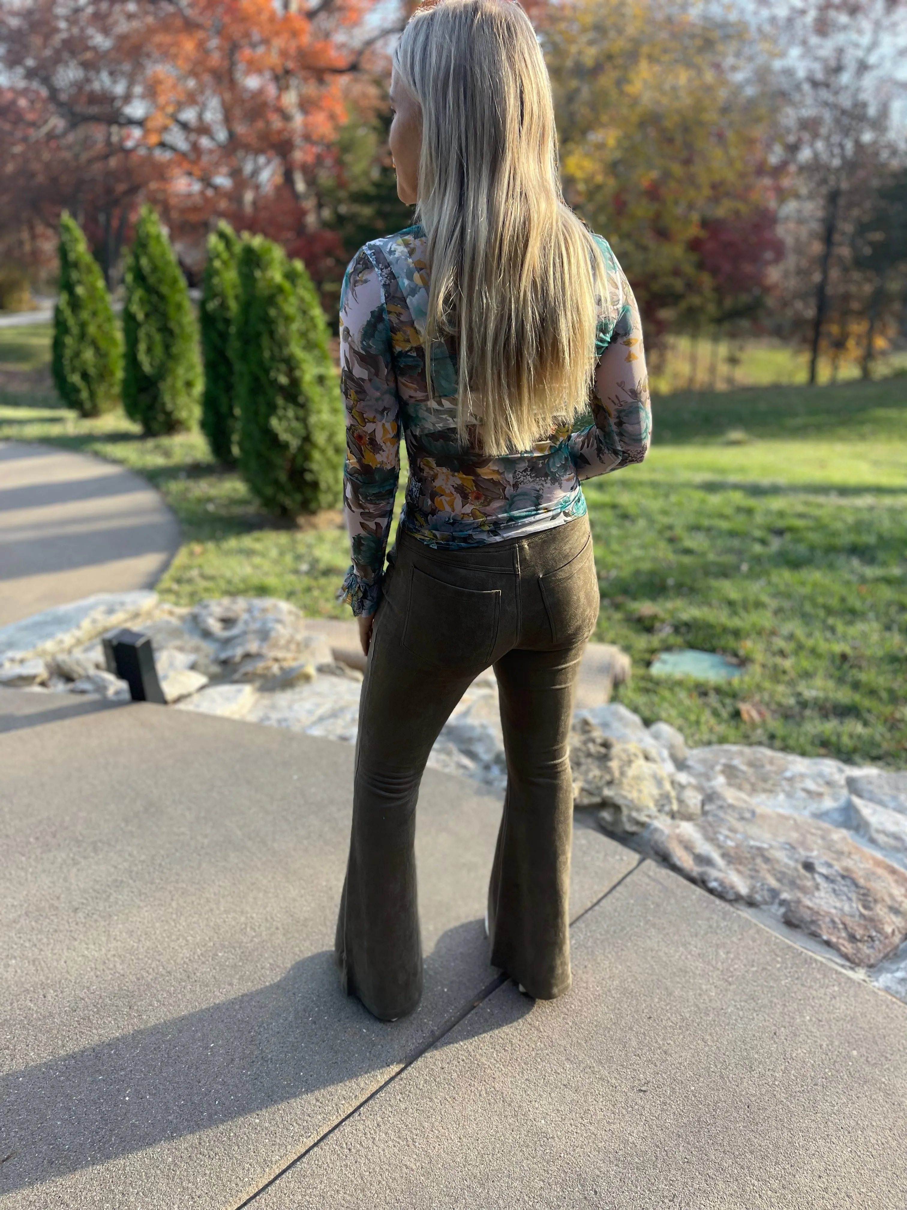 Light Olive Suede Flared Pants