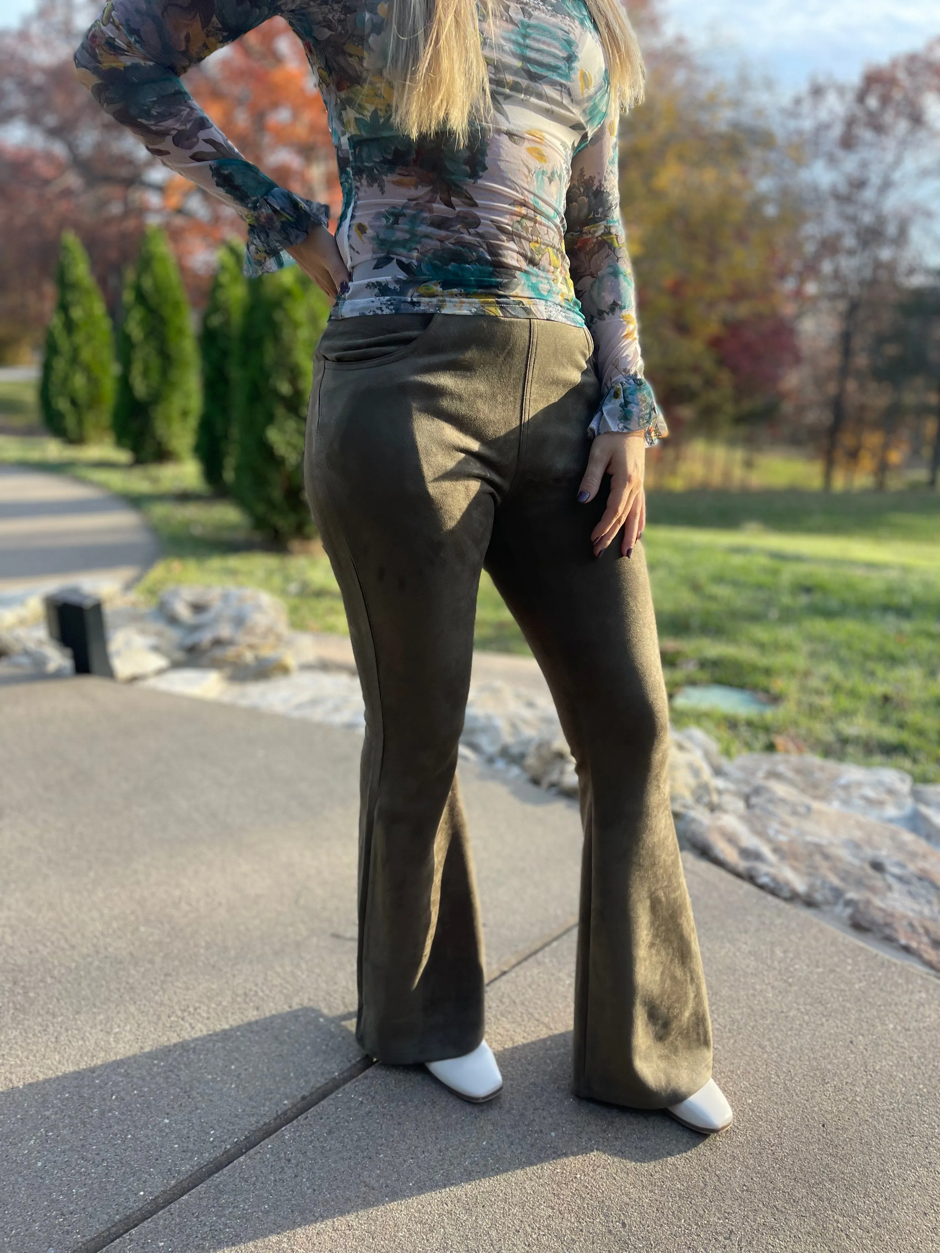 Light Olive Suede Flared Pants