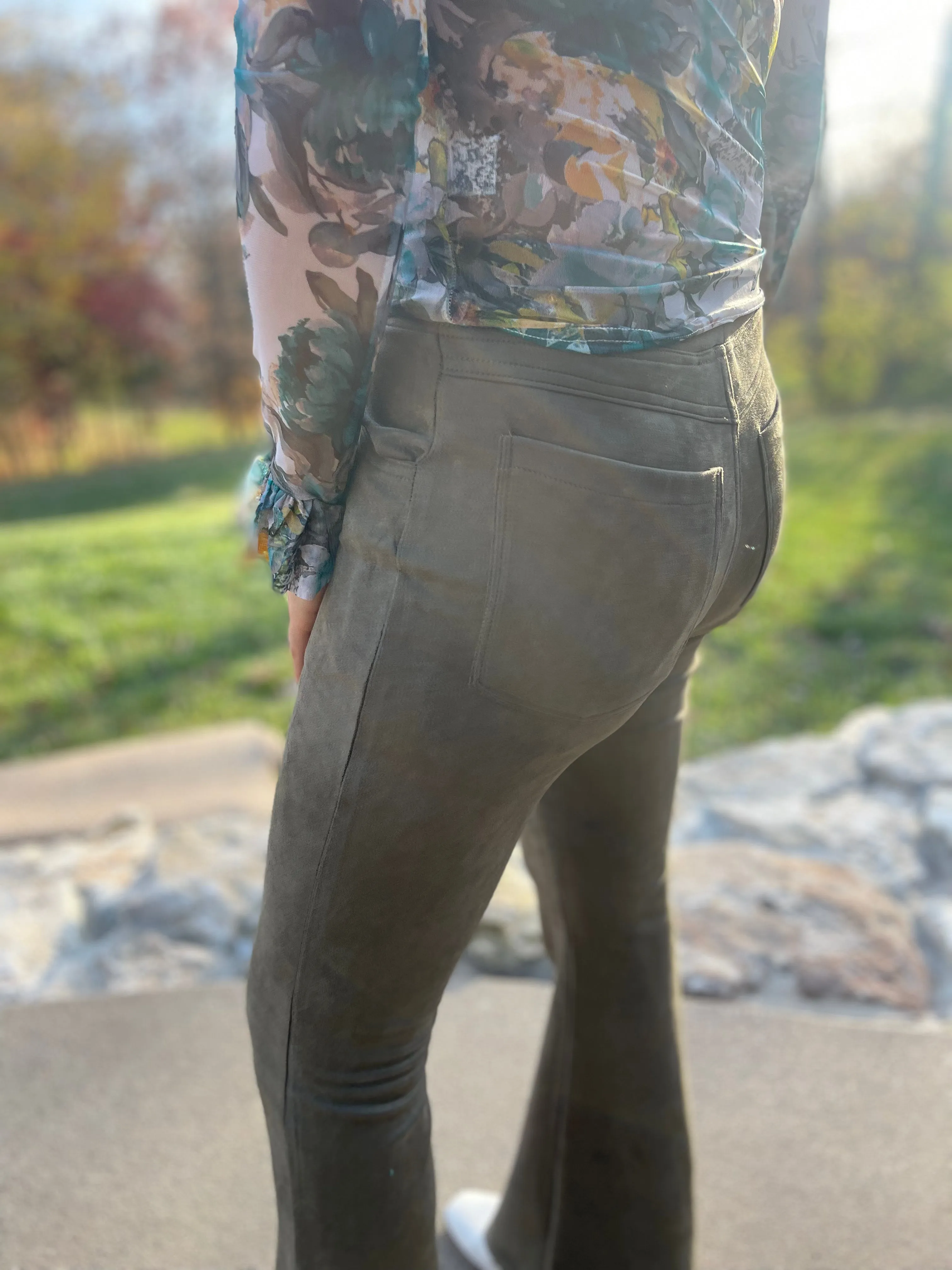 Light Olive Suede Flared Pants