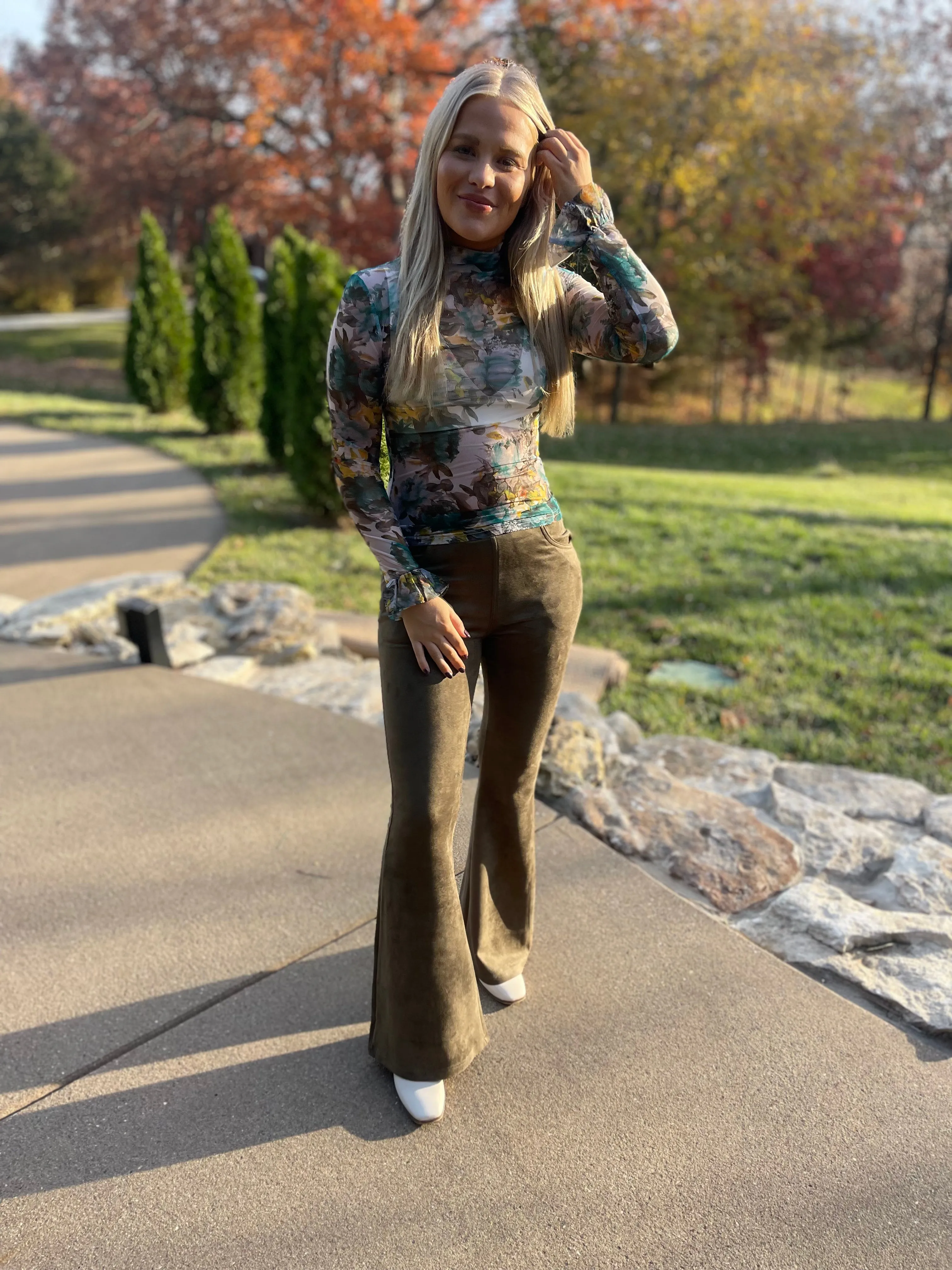 Light Olive Suede Flared Pants