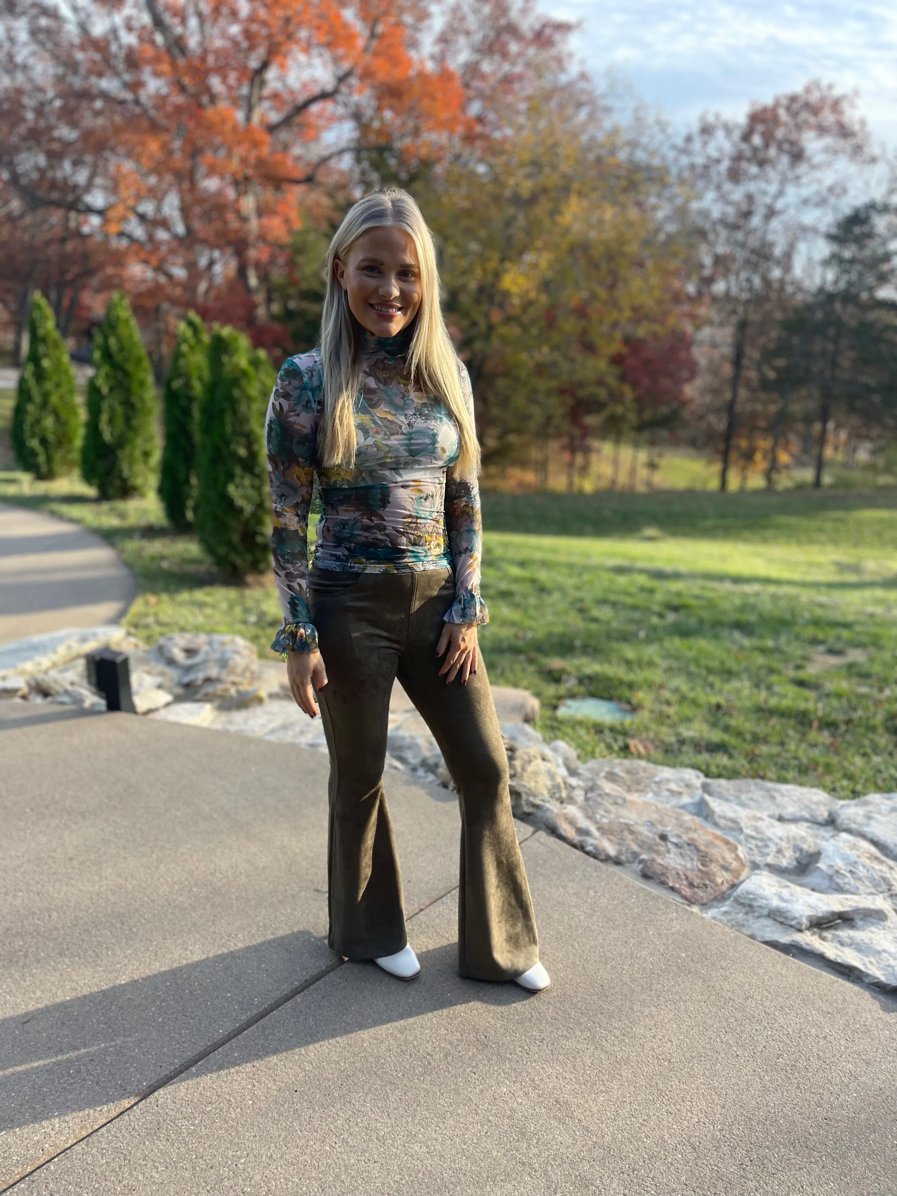 Light Olive Suede Flared Pants
