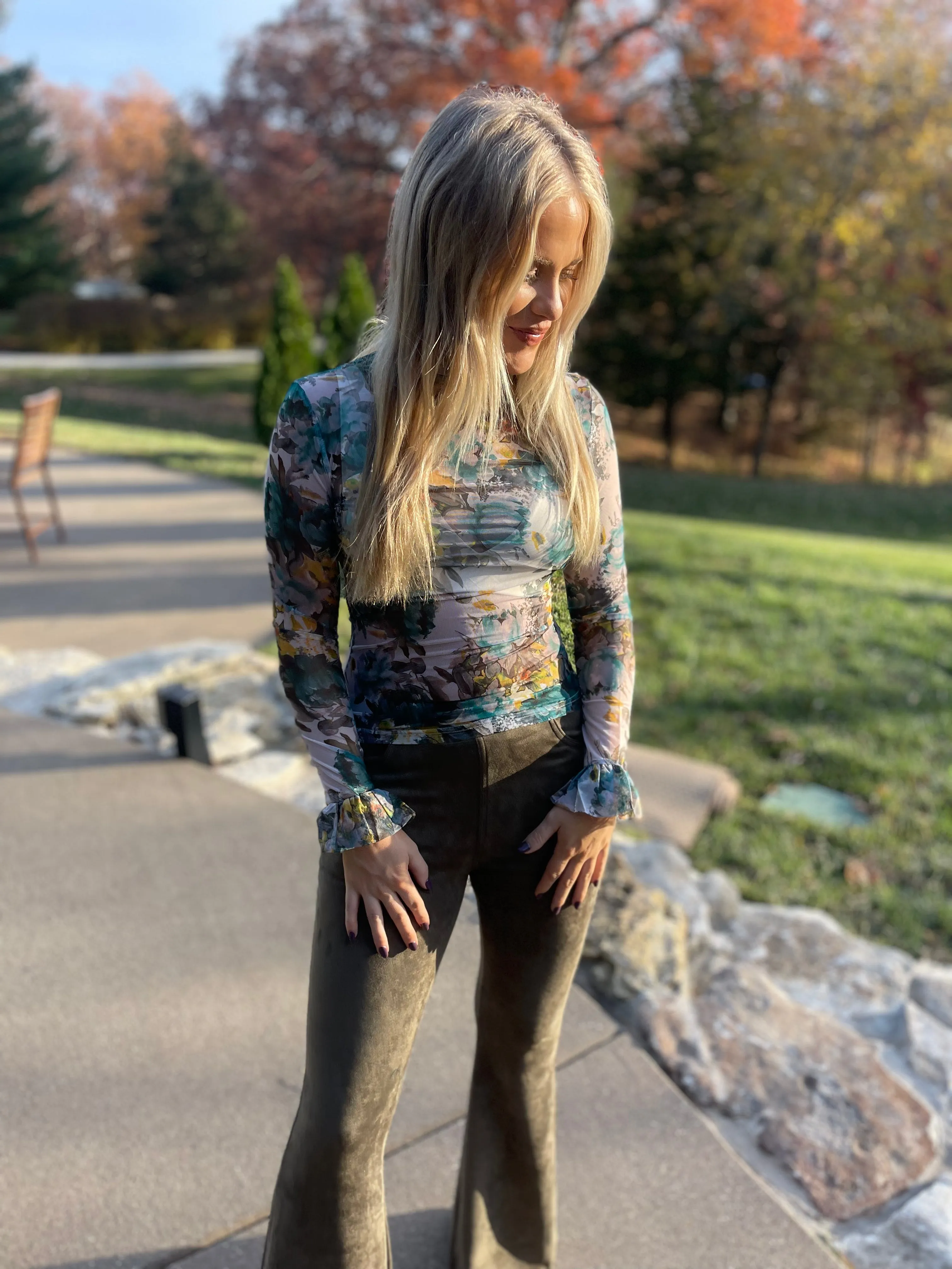 Light Olive Suede Flared Pants