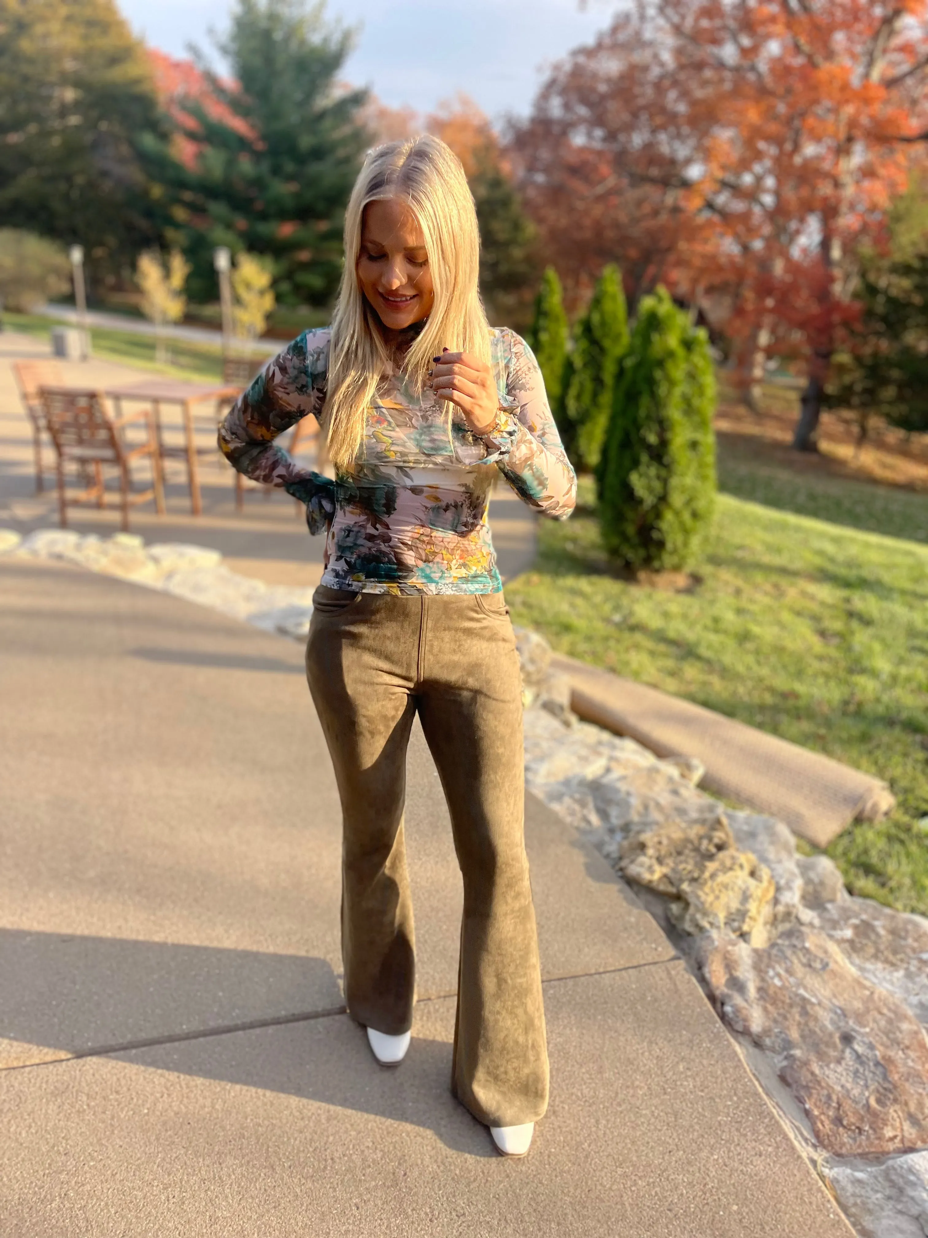 Light Olive Suede Flared Pants