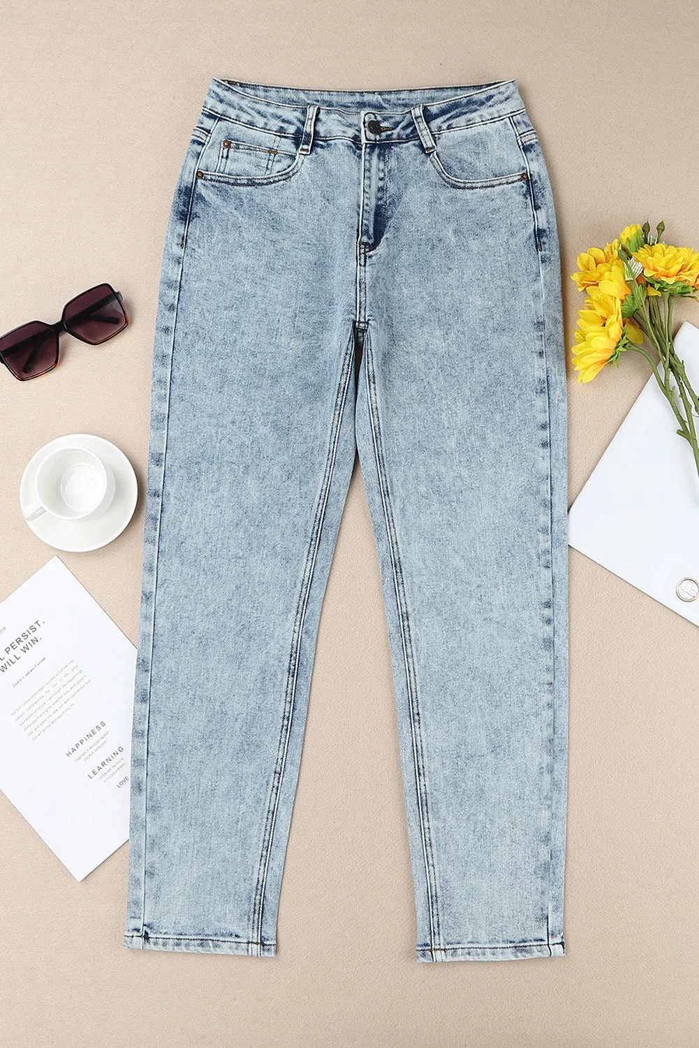 Light Washed Straight Leg Ankle Jeans