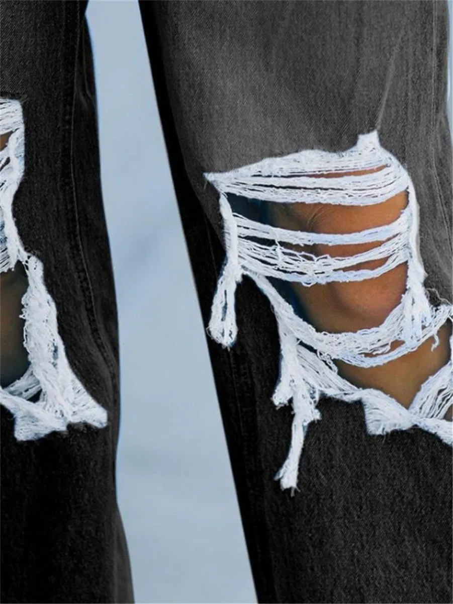 LONGBIDA Denim Ripped Jeans Women Classic Blue High Waist Straight Leg